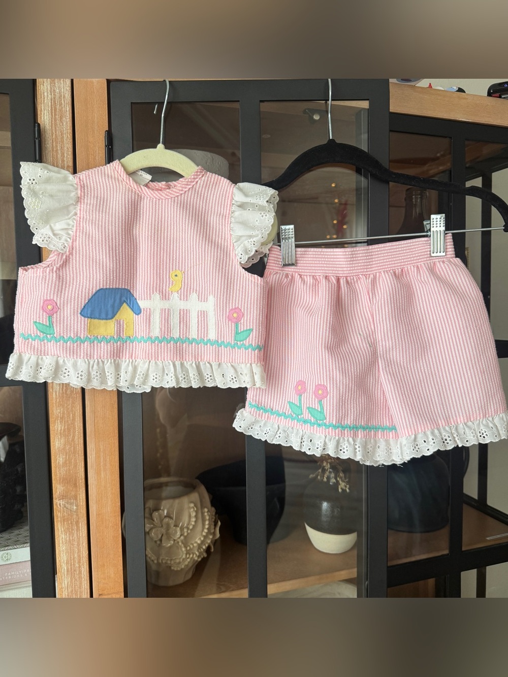 Vintage applique set seersucker eyelet lace top shorts embroidered bird toddler
